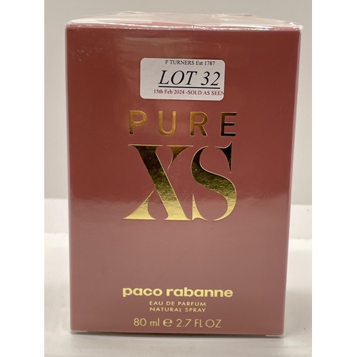 32 - BOXED PACO RABANE PURE XS EAU DE PARFUM 80ML - SEALED AS NEW