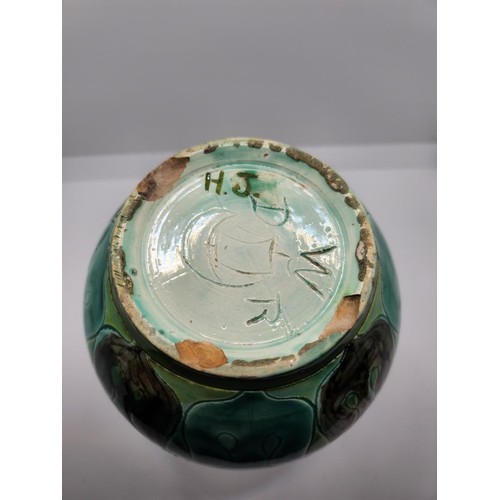 235 - A DELLA ROBBIA VASE, MARKS FOR HJ (HANNAH JONES) & W (CASSANDRA WALKER?) 21CM HIGH