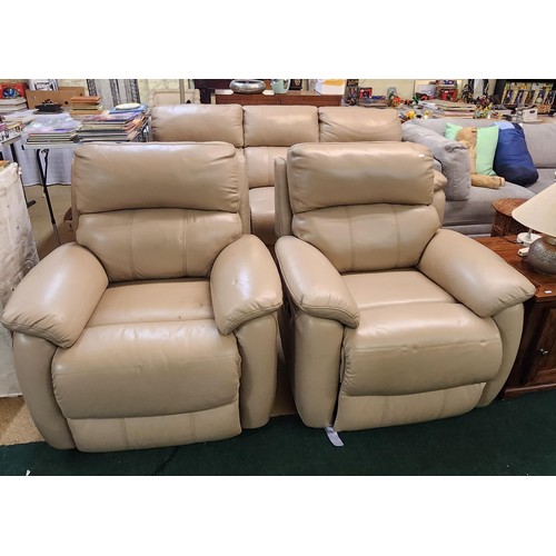 307 - BISCOTTI COLOURED LEATHER THREE PIECE SUITE - 2 X POWERED RECLINER ARMCHAIRS AND MANUAL RECLINER THR... 