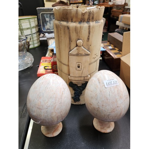 329 - PAIR OF HEAVY POLISHED STONEWARED DECORATIVE EGGS ON PLINTHS (ONE PLINTH SLIGHT DGE) TOGETHER WITH A... 