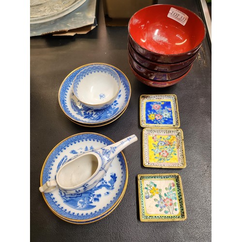 331 - ORIENTAL WARES INC. 4 X BLUE AND WHITE DISHES, TEA BOWL, 4 X PAPIER MACHE BOWLS, 3 X CLOISONNE STYLE... 