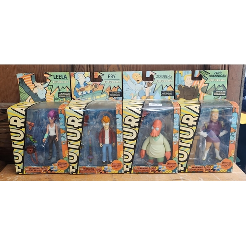 371 - 4 X FUTURAMA TOYNAMI BOXED ACTION FIGURES WITH EXCLUSIVE ROBOT DEVIL BUILD A BOT PART - LEELA, FRY, ... 