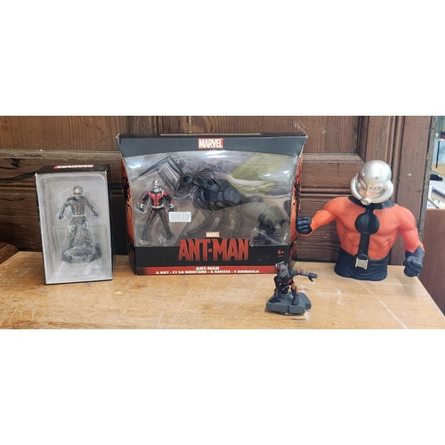 376 - ANTMAN COLLECTABLE FIGURINES INC. ANTMAN BUST BANK, ANTMAN AND ANT BOXED FIGURINE AND A MARVEL ANTMA... 