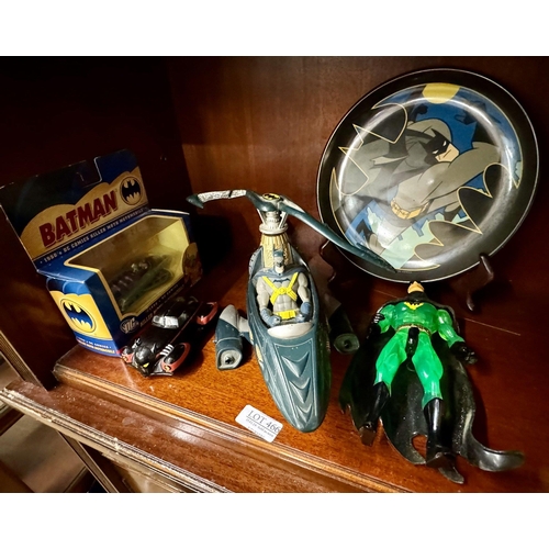 466 - CORGI DIE CAST MODEL 1950'S DC COMICS KILLER MOTH MOTHMOBILE, BATCOPTER AND A GREEN BAT FIGURE