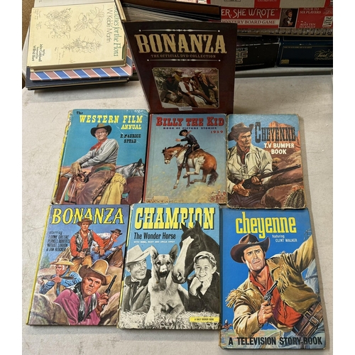 498 - A FOLDER OF BONANZA TV SHOW MAGAZINES, VAR. VINTAGE ANNUALS INCL  CHAMPION THEWONDER HORSE, CHEYENNE... 