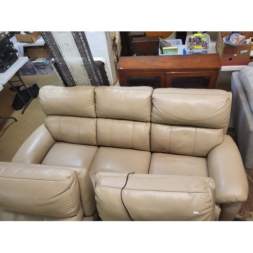 307 - BISCOTTI COLOURED LEATHER THREE PIECE SUITE - 2 X POWERED RECLINER ARMCHAIRS AND MANUAL RECLINER THR... 