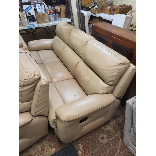 307 - BISCOTTI COLOURED LEATHER THREE PIECE SUITE - 2 X POWERED RECLINER ARMCHAIRS AND MANUAL RECLINER THR... 