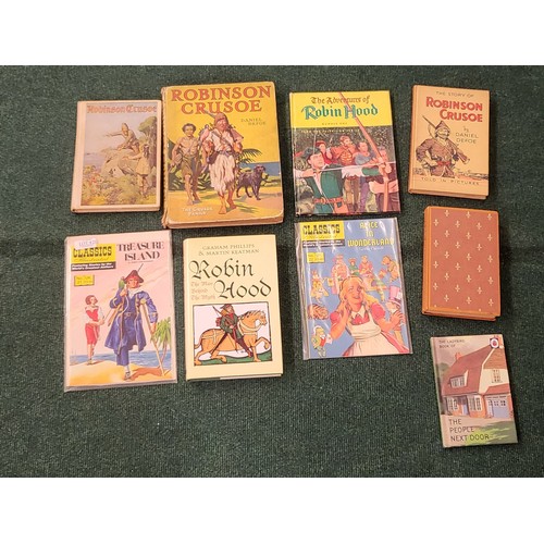 421 - COLLECTION OF VINTAGE BOOKS INC. 3 X VOLS OF ROBINSON CRUSOE, 2 X VOLS OF ROBIN HOOD ETC.