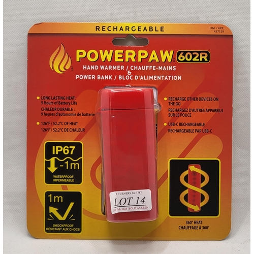 14 - POWERPAW 602R RECHARGEABLE HAND WARMER AND POWERBANK WITH CHARGER - CAN BE USED TO CHARGE DEVICES