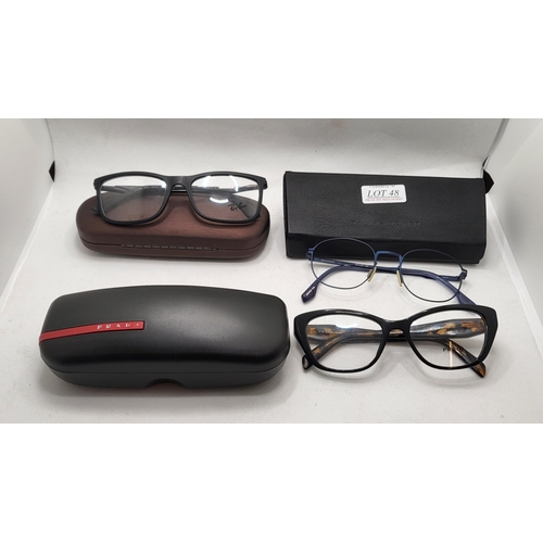 48 - 3 X VARIOUS PAIRS OF SPECTACLE FRAMES INCL PRADA, RANGE ROVER AND RAYBAN ALL WITH MISSING DECORATION