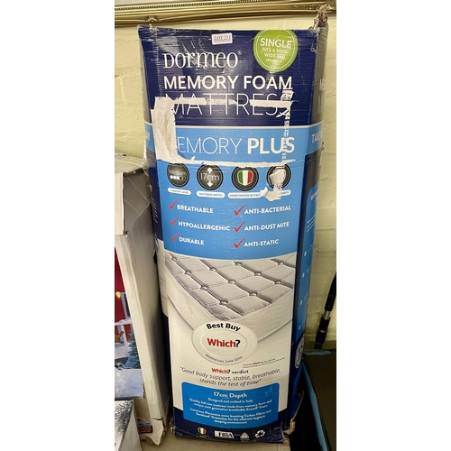 211 - BOXED DORMEO SINGLE MEMORY FOAM MATTRESS -90CM X 190CM