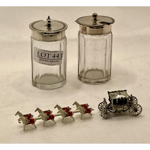 A PAIR OF SILVER PLATED CONDIMENT JARS WITH HINGED LIDS TOGETHER WITH A