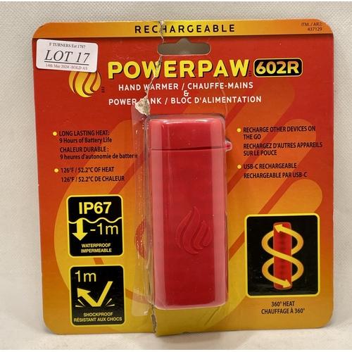 17 - POWERPAW 602R RECHARGEABLE COMBINED HAND WARMER AND POWERBANK WITH CHARGER - (CAN ALSO BE USED TO CH... 