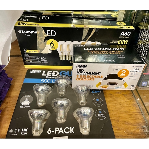 22 - MIXED LOT OF LIGHTING, INCL FEIT ELECTRIC LED DOWN LIGHTS, LED GU10 BULBS AND X4 A60 DIMMABLE BULBS