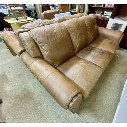 277 - LARGE TAN LEATHER LOUNGE SUITE, X2 THREE SEAT SOFAS AND A SINGLE ARMCHAIR (EACH SOFA APPROX W:200CM ... 