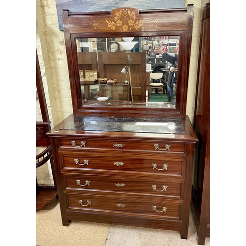 319 - AUSTRIAN ART NOUVEAU MAHOGANY FRUIT WOOD AND MOTHER OF PEARL INLAY MIRRORED BACK DRESSING TABLE OF F... 