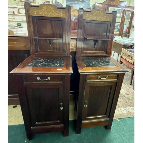 322 - AUSTRIAN ART NOUVEAU MAHOGANY FRUIT WOOD AND MOTHER OF PEARL INLAY BED SIDE CABINETS WITH BLACK MARB... 