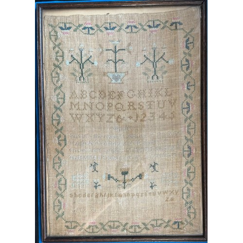 315 - TWO (2) FRAMED & GLAZED GEORGIAN SAMPLERS -DATED 1792 & 1796 - SOME FADING - LARGEST: 43CM X 30CM (F... 