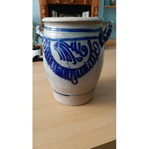 349 - STORAGE POT- WESTERWALD/GERMAN HARBPOURWARE GREY STONEWARE POT WITH COBALT BLUE PAINTED DESIGN, TWIN... 