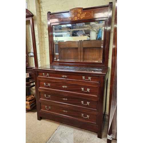 319 - AUSTRIAN ART NOUVEAU MAHOGANY FRUIT WOOD AND MOTHER OF PEARL INLAY MIRRORED BACK DRESSING TABLE OF F... 