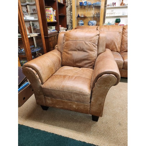 277 - LARGE TAN LEATHER LOUNGE SUITE, X2 THREE SEAT SOFAS AND A SINGLE ARMCHAIR (EACH SOFA APPROX W:200CM ... 