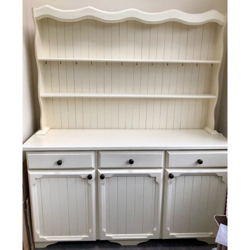 270 - A WHITE ENAMELLED SHAKER STYLE DRESSER = 3 DRAWERS ABOVE 2 CUPBOARDS (DOUBLE & SINGLE) WITH 2 SHELF ... 