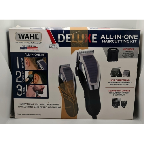 1 - BOXED WAHL DELUXE ALL IN ONE HAIR CUTTING KIT WITH BEARD TRIMMER AND ACCESSORIES