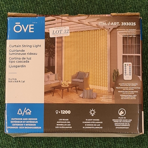 32 - BOXED OVE CURTAIN STRING LIGHT WITH R/C - 3M X 3M - INDOOR/OUTDOOR