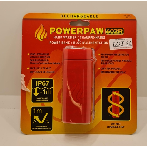 35 - POWERPAW 602R RECHARGEABLE COMBINED HAND WARMER AND POWERBANK WITH CHARGER - (CAN ALSO BE USED TO CH... 