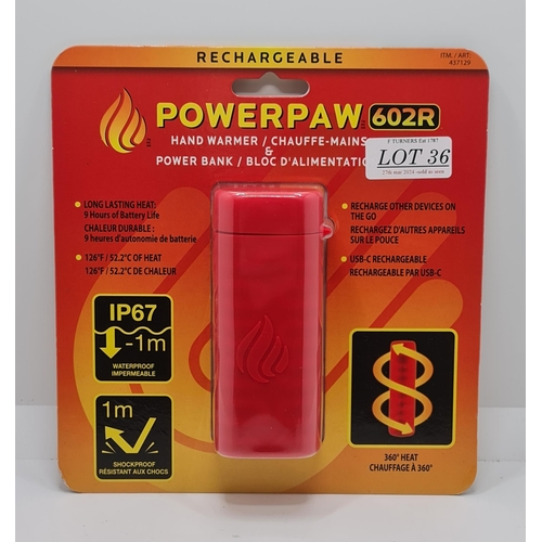 36 - POWERPAW 602R RECHARGEABLE COMBINED HAND WARMER AND POWERBANK WITH CHARGER - (CAN ALSO BE USED TO CH... 