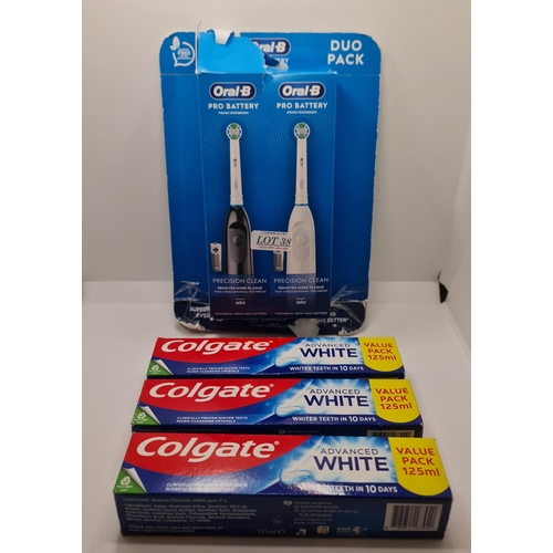 38 - SET OF 2 ORAL B PRO BATTERY POWER TOOTHBRUSH (DGD PACKAGING) TOGETHER WITH 3 X 125ML COLGATE TOOTHPA... 