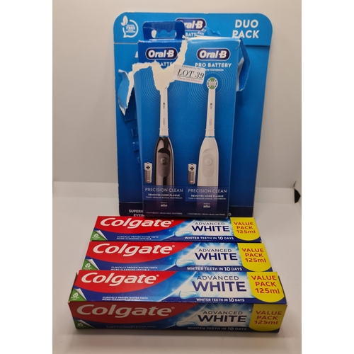 39 - SET OF 2 ORAL B PRO BATTERY POWER TOOTHBRUSH (DGD PACKAGING) TOGETHER WITH 3 X 125ML COLGATE TOOTHPA... 