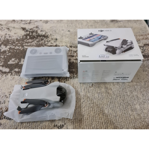 53 - BOXED DJI MINI 3 DRONE WITH R/C, CHARGER WIT 128G MICRO SD CARD