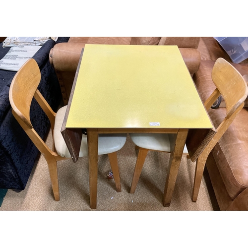 245 - BUCKINGHAM 1950'S YELLOW MELAMIME TOPPED KITCHEN TABLE AND TWO BENTWOOD CHAIRS TO MATCH
