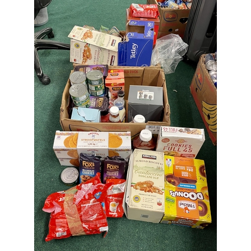 156 - 2X LARGE BOXES OF VARIOUS FOODSTUFFS INC. TINNED TOMATOES, TEA BAGS, POT NOODLES, CORNED BEEF, LARGE... 