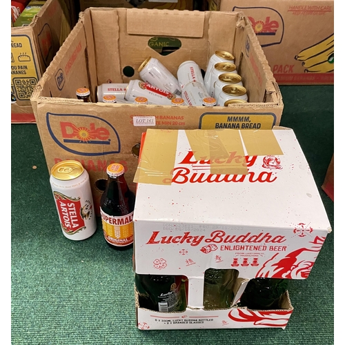 161 - BOX OF MIXED BEERS INC. LUCKY BUDDAH, STELLA ARTOIS, NON-ALCOHOLIC SUPER MALT