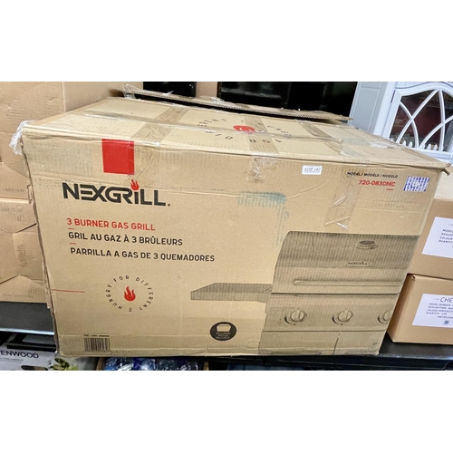 197 - BOXED NEXGRILL 3 BBQ BURNER GAS GRILL - STAINLESS STEEL (ONE SHELF BENT- SEE PICTURE)