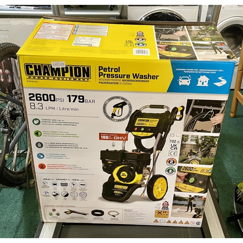 198 - BOXED CHAMPION PETROL PRESSURE WASHER 2600PSI WITH LANCE, NOZZLES, HOSE