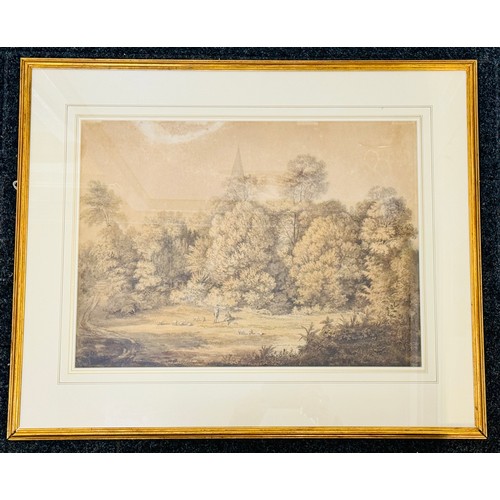 348 - JOHN GLOVER (1767-1849) RWS - A WOODLAND CLEARING WITH FIGURES AND CATTLE, WATERCOLOUR H: 57.1CMS (2... 