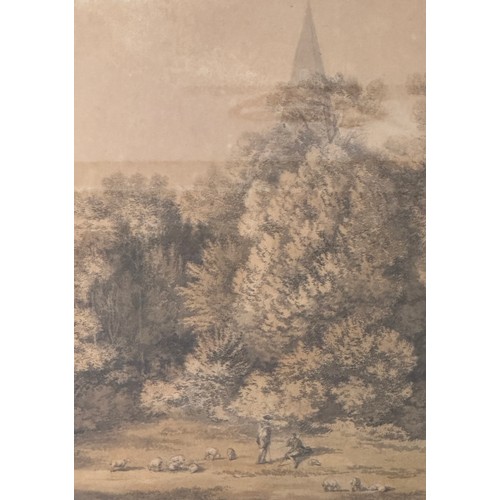 348 - JOHN GLOVER (1767-1849) RWS - A WOODLAND CLEARING WITH FIGURES AND CATTLE, WATERCOLOUR H: 57.1CMS (2... 