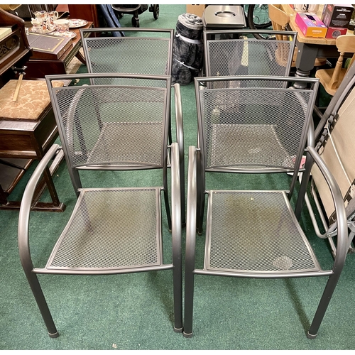 201 - SET OF 4 STACKABLE MESH METAL OUTDOOR PATIO CHAIRS - SOME SLIGHT WEAR TO SEATS.