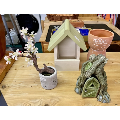 252 - A WOODEN BIRD BOX, A SASS AND BELLA PLANTER, LITTLE APPLE BLOSSOM TREE DECORATION AND A RESIN FAIRY ... 