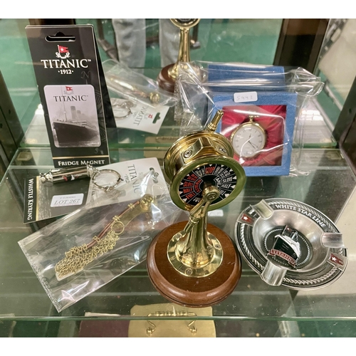 267 - TITANIC COLLECTION - WHISTLE ON CHAIN, ASH TRAY, WHISTLE ON KEYCHAIN, FRIDGE MAGNET AND BRASS ON WOO... 