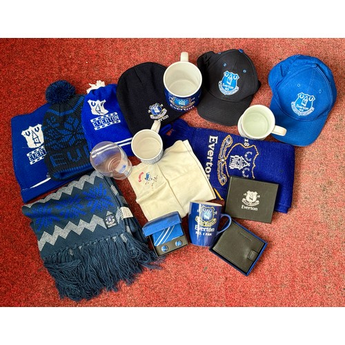 395 - A SMALL COLLECTION OF EVERTON MEMORABILIA INC. 6 X HATS, CUPS, SCARVES, TIE/CUFFLINKS SET BOXED, LEA... 