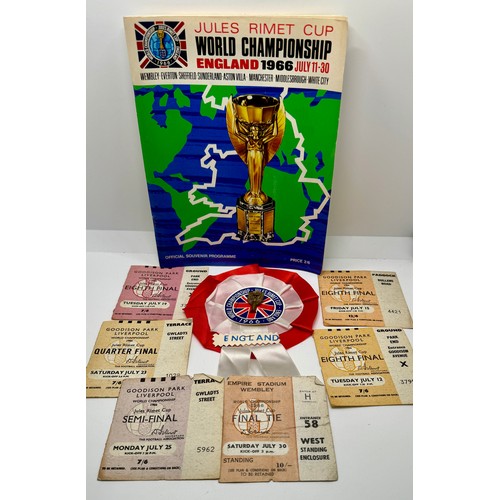 397 - 1966 WORLD CUP MEMORABILIA INCL. ORIGINAL WORLD CUP FINAL PROGRAMME, ENGLAND JULES RIMET ROSETTE, TI... 