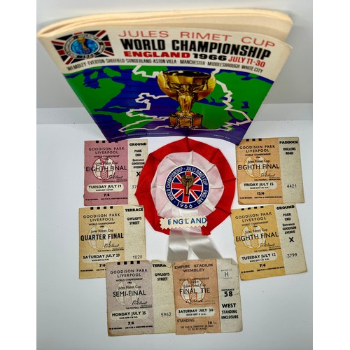 397 - 1966 WORLD CUP MEMORABILIA INCL. ORIGINAL WORLD CUP FINAL PROGRAMME, ENGLAND JULES RIMET ROSETTE, TI... 