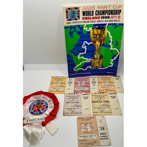 397 - 1966 WORLD CUP MEMORABILIA INCL. ORIGINAL WORLD CUP FINAL PROGRAMME, ENGLAND JULES RIMET ROSETTE, TI... 