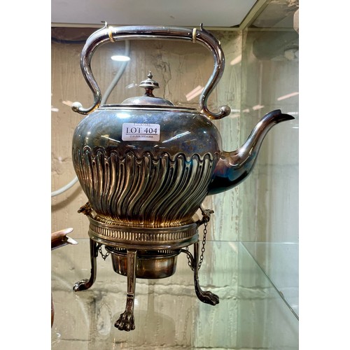 404 - VICTORIAN SILVER PLATED TIPPING KETTLE WITH PARAFIN HEATER