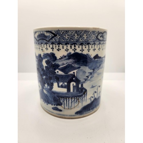 424 - LARGE BLUE AND WHITE CHINESE BRUSH POT WITH REPAIR, DEPICTING COUNTRY SCENE WITH MOUNTAINS, SHIPS, L... 