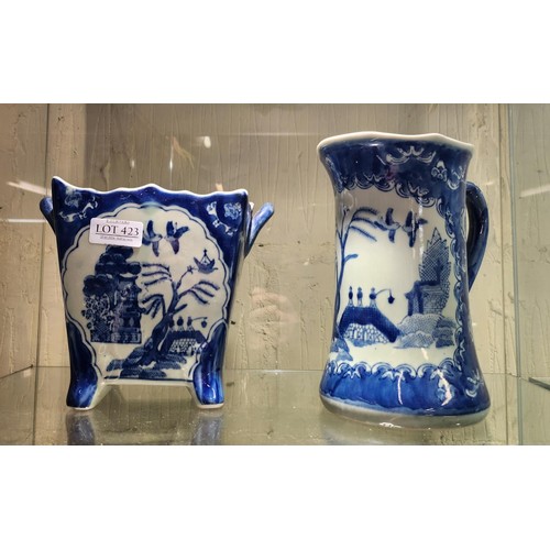 423 - CHINESE BLUE AND WHITE PATTERNED JUG AND TWO HANDLED PLANTER, MARKS TO BASE